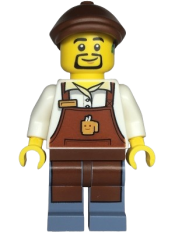 LEGO Barista - Male, Reddish Brown Apron with Cup and Name Tag, Sand Blue Legs, Reddish Brown Flat Cap, Hearing Aid minifigure
