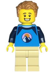 LEGO Wheelchair User - Male, Dark Azure and Dark Blue Shirt with Mountains, Tan Legs, Medium Nougat Tousled Hair minifigure