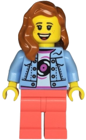 LEGO Record Store Clerk - Female, Bright Light Blue Denim Jacket, Coral Legs, Dark Orange Hair, Freckles minifigure