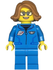 LEGO Space Scientist - Female, Dark Azure Jumpsuit, Medium Nougat Hair, Glasses, Open Mouth Smile minifigure