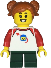 LEGO Child - Girl, White Classic Space Shirt with Red Sleeves, Dark Green Short Legs, Dark Orange Pigtails minifigure