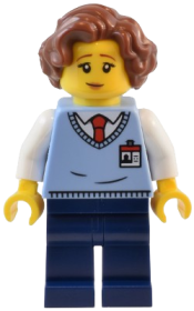 LEGO Natural History Museum Employee - Female, Bright Light Blue Sweater Vest with ID Badge, Dark Blue Legs, Reddish Brown Hair minifigure