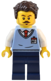 LEGO Natural History Museum Employee - Male, Bright Light Blue Sweater Vest with ID Badge, Dark Blue Legs, Dark Brown Tousled Hair minifigure