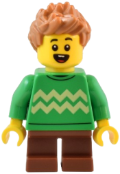 LEGO Child - Boy, Bright Green Sweater with Bright Light Yellow Zigzag Lines, Reddish Brown Short Legs, Medium Nougat Spiked Hair minifigure