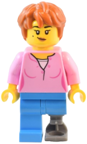 LEGO Natural History Museum Visitor - Female, Bright Pink Shirt, Dark Azure Legs with Prosthetic Leg, Dark Orange Thick Messy Hair minifigure