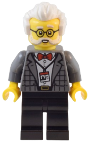 LEGO Natural History Museum Curator - Male, Dark Bluish Gray Plaid Jacket with Red Bow Tie, Black Legs, White Hair, Glasses minifigure