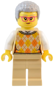 LEGO Natural History Museum Visitor - Female, Tan Knit Argyle Sweater Vest, Tan Legs, Light Bluish Gray Coiled Hair, Glasses minifigure