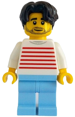 LEGO Modern House Resident - Male, White Sweater with Red Horizontal Stripes, Bright Light Blue Legs, Dark Brown Hair Wavy minifigure