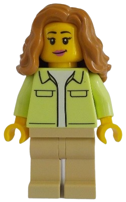 LEGO Modern House Resident - Female, Yellowish Green Jacket over White Shirt, Tan Legs, Medium Nougat Hair Wavy minifigure