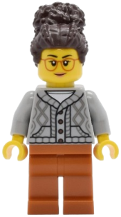 LEGO Tudor House Inn Owner - Light Bluish Gray Knit Cable Cardigan Sweater, Dark Orange Legs, Dark Brown Coiled Hair with Bun set