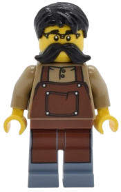 LEGO Tudor House Clockmaker - Dark Tan Shirt with Reddish Brown Apron, Sand Blue Legs, Black Hair and Moustache set