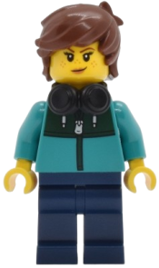 LEGO Tudor House Resident - Dark Turquoise Jacket with Dark Green Panel, Dark Blue Legs, Reddish Brown Hair Tousled, Black Headphones set