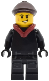 LEGO Tudor House Chimney Sweep - Black Torso and Legs with Dark Bluish Gray Pockets, Dark Brown Flat Cap, Dark Red Hood Folded Down set