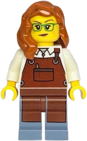 LEGO Shopping Street Carpenter - Female, White Shirt, Reddish Brown Apron, Sand Blue Legs, Dark Orange Hair set