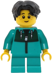 LEGO Child - Boy, Dark Turquoise Jacket with Dark Green Panel, Dark Turquoise Short Legs, Black Hair Wavy set