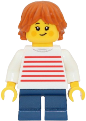 LEGO Child - Girl, White Sweater with Red Horizontal Stripes, Dark Blue Short Legs, Dark Orange Tousled and Layered Hair set