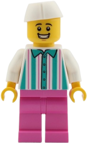 LEGO Food Vendor - Male, White Shirt with Dark Turquoise Stripes, Dark Pink Legs, White Butcher / Food Service Cap set