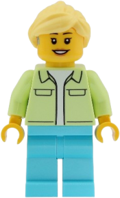 LEGO Ferris Wheel Operator - Female, Yellowish Green Jacket over White Shirt, Medium Azure Legs, Bright Light Yellow Hair Ponytail, Hearing Aid set