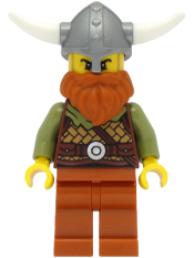 LEGO Viking Warrior - Male, Medium Nougat Leather Armor, Dark Orange Beard and Legs, Flat Silver Helmet minifigure