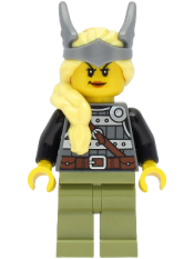 LEGO Viking Warrior - Female, Dark Bluish Gray and Silver Armor, Olive Green Legs, Bright Light Yellow Hair with Diadem minifigure