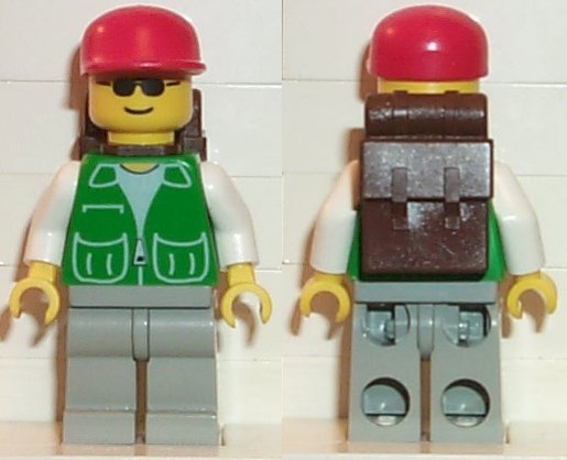 LEGO Jacket Green with 2 Large Pockets - Light Gray Legs, Red Cap and Brown Backpack minifigure