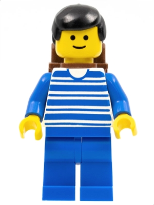 LEGO Horizontal Lines Blue - Blue Arms - Blue Legs, Black Male Hair, Brown Backpack minifigure