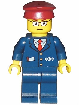 LEGO Dark Blue Suit with Train Logo, Dark Blue Legs, Dark Red Hat, Rectangular Glasses - Passenger Train Engineer minifigure