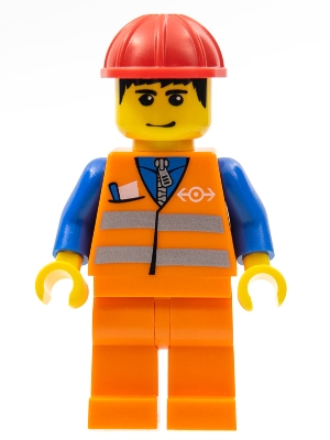 LEGO Orange Vest with Safety Stripes - Orange Legs, Red Construction Helmet, Black Hair, Eyebrows, and Smirk minifigure