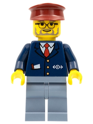 LEGO Dark Blue Suit with Train Logo, Sand Blue Legs, Dark Red Hat - Conductor minifigure