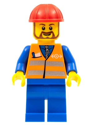 LEGO Orange Vest with Safety Stripes - Blue Legs, Red Construction Helmet, Brown Beard Rounded minifigure