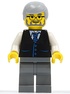 LEGO Black Vest with Blue Striped Tie, Dark Bluish Gray Legs, White Arms, Light Bluish Gray Male Hair, Glasses minifigure