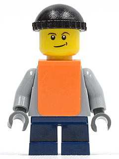 LEGO Plain Light Bluish Gray Torso, Dark Blue Short Legs, Knit Cap, Orange Vest minifigure