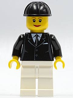 LEGO Horse Rider, Female, Black Suit with Tie, White Legs, Black Construction Helmet minifigure