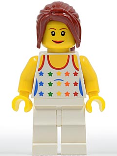 LEGO Shirt with Female Rainbow Stars Pattern, White Legs, Dark Red Hair Ponytail Long with Side Bangs minifigure
