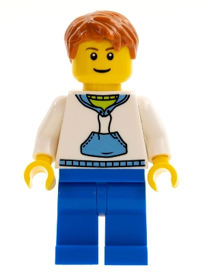 LEGO White Hoodie with Blue Pockets, Blue Legs, Dark Orange Short Tousled Hair minifigure