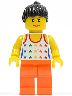 LEGO Shirt with Female Rainbow Stars Pattern, Orange Legs, Black Ponytail Hair minifigure