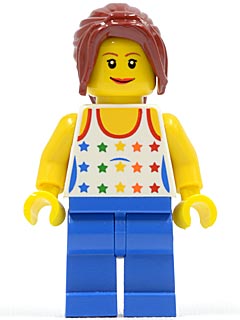 LEGO Shirt with Female Rainbow Stars Pattern, Blue Legs, Dark Red Hair Ponytail Long with Side Bangs minifigure