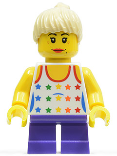 LEGO Shirt with Female Rainbow Stars Pattern, Dark Purple Short Legs, Tan Ponytail Hair minifigure