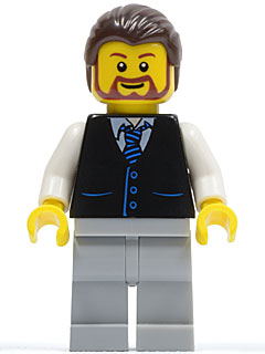 LEGO Black Vest with Blue Striped Tie, Light Bluish Gray Legs, White Arms, Dark Brown Hair, Brown Beard Rounded minifigure