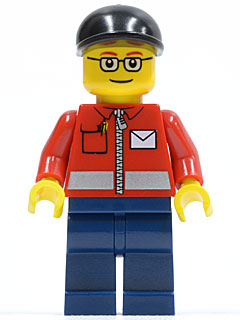 LEGO Post Office White Envelope and Stripe, Dark Blue Legs, Black Short Bill Cap minifigure