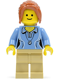 LEGO Medium Blue Female Shirt with Two Buttons and Shell Pendant, Tan Legs, Dark Orange Hair Ponytail Long with Side Bangs minifigure