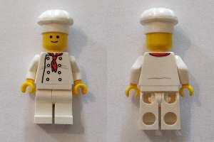 LEGO Chef - White Torso with 8 Buttons, Light Bluish Gray Wrinkles, WITH Back Print, White Legs, Standard Grin minifigure