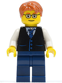 LEGO Black Vest with Blue Striped Tie, Dark Blue Legs, White Arms, Dark Orange Short Tousled Hair, Rectangular Glasses minifigure