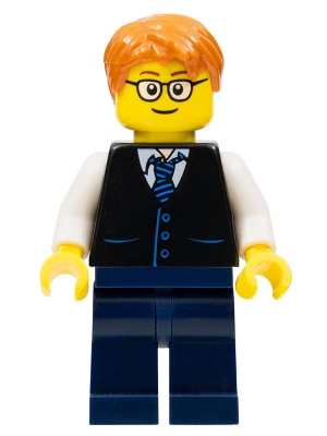 LEGO Black Vest with Blue Striped Tie, Dark Blue Legs, White Arms, Dark Orange Short Tousled Hair, Rounded Glasses minifigure