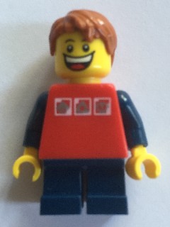 LEGO Red Shirt with 3 Silver Logos, Dark Blue Arms, Dark Blue Short Legs, Dark Orange Hair minifigure