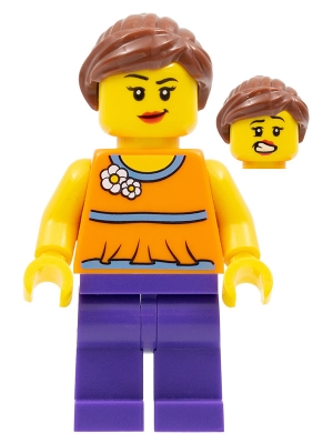 LEGO Orange Halter Top with Medium Blue Trim and Flowers Pattern, Dark Purple Legs, Reddish Brown Ponytail and Swept Sideways Fringe minifigure
