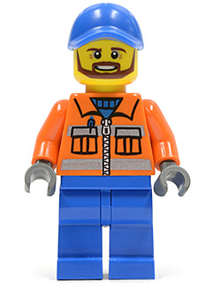 LEGO Construction Worker - Orange Zipper, Safety Stripes, Orange Arms, Blue Legs, Blue Cap with Hole minifigure
