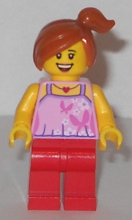 LEGO Child - Bright Pink Top with Butterflies and Flowers, Red Legs, Off-center Ponytail minifigure
