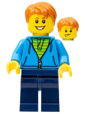 LEGO Dark Azure Hoodie with Green Striped Shirt, Dark Blue Legs minifigure