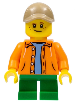 LEGO Boy, Orange Jacket with Hood over Light Blue Sweater, Green Short Legs, Dark Tan Cap with Hole minifigure